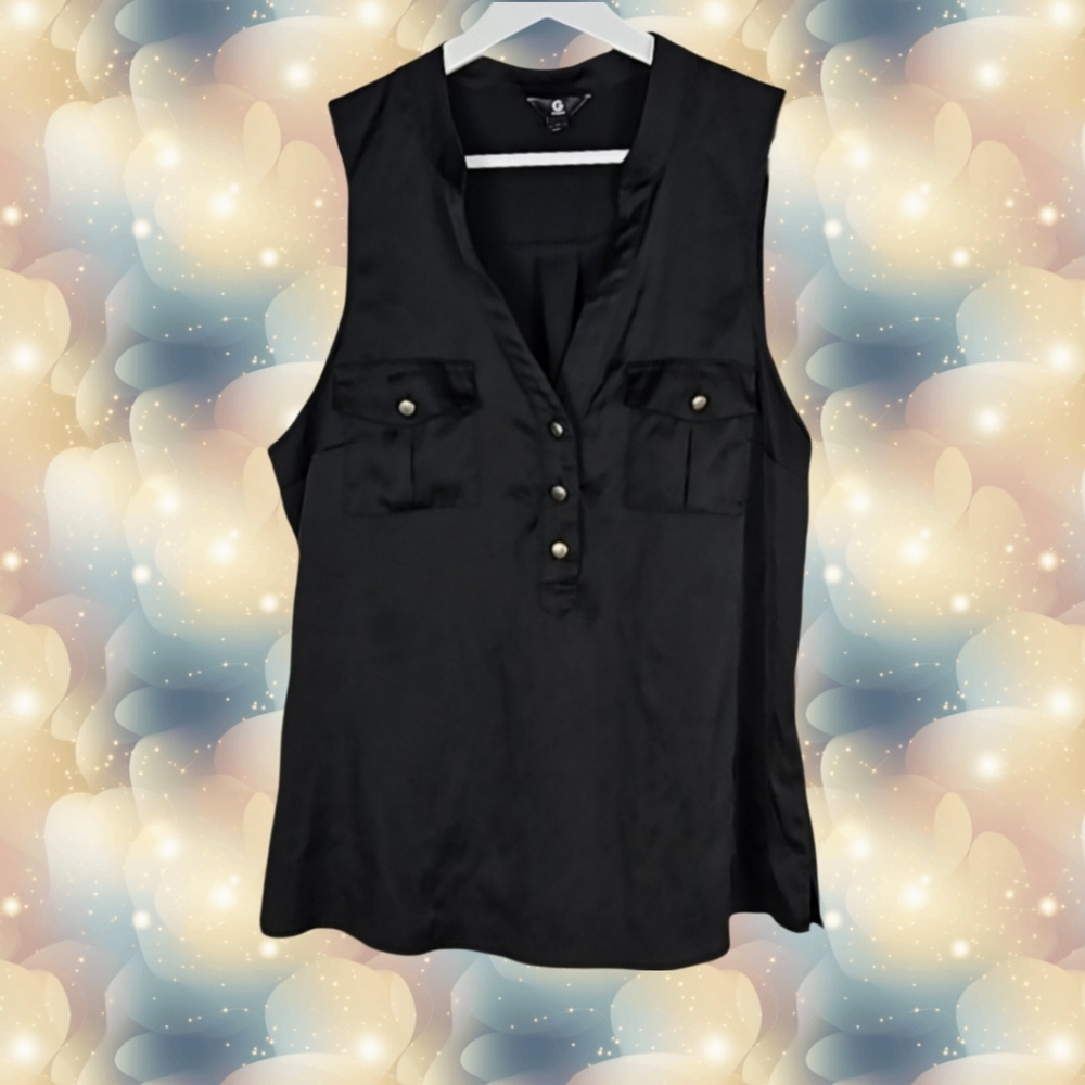 G by Guess Black Satin Sleeveless Utility Blouse Top Whimsigoth Corporate Goth M